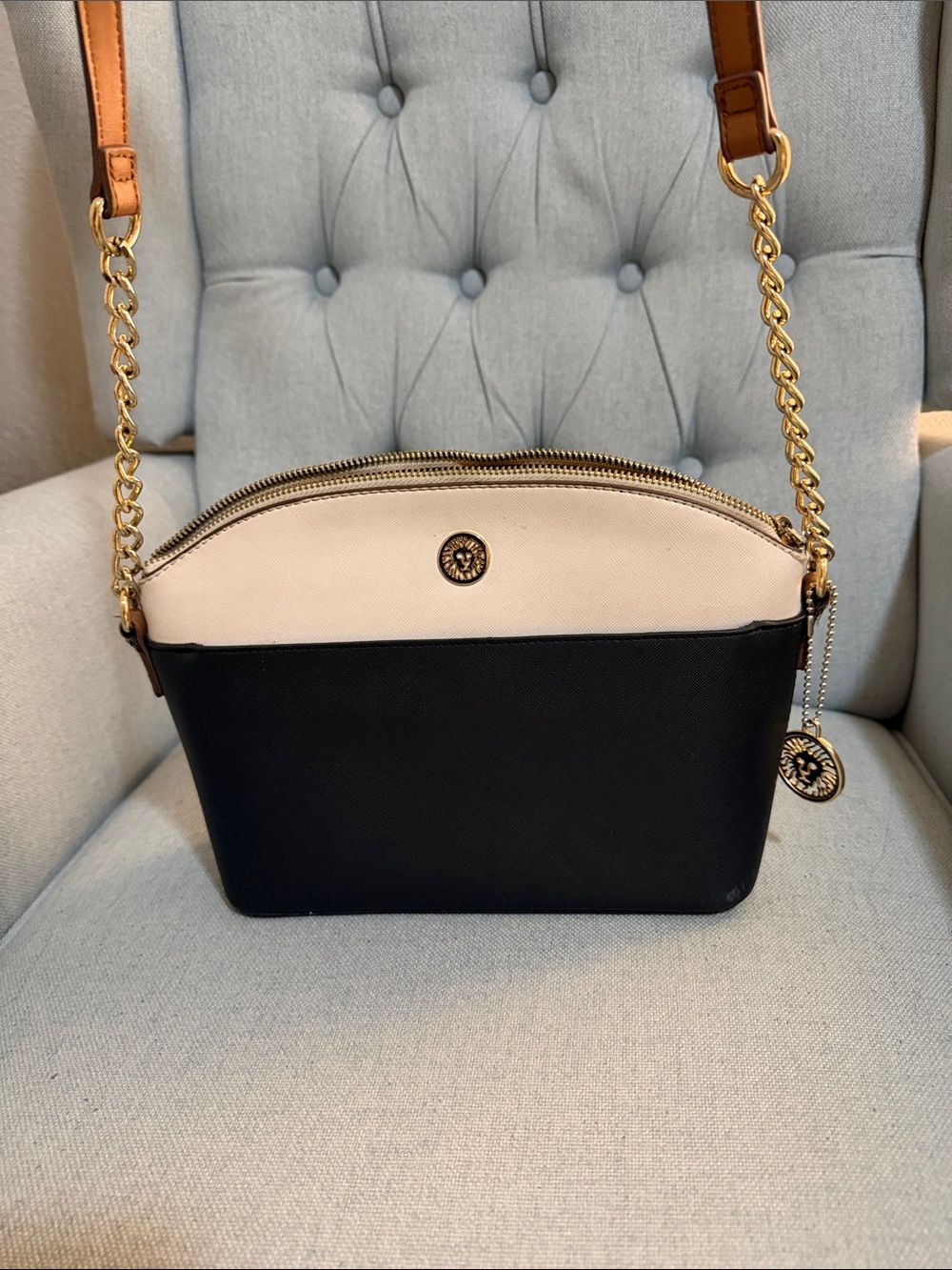 Anne Klein Black and Cream Leather Crossbody with Gold Chain